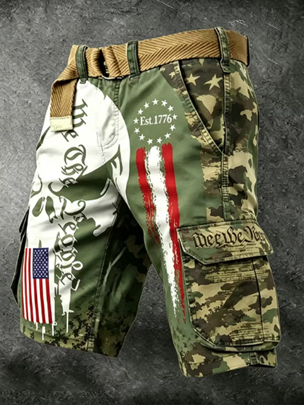 Men's Camo USA Flag We The People And Est.1776 Patriotic Art Print Casual Shorts