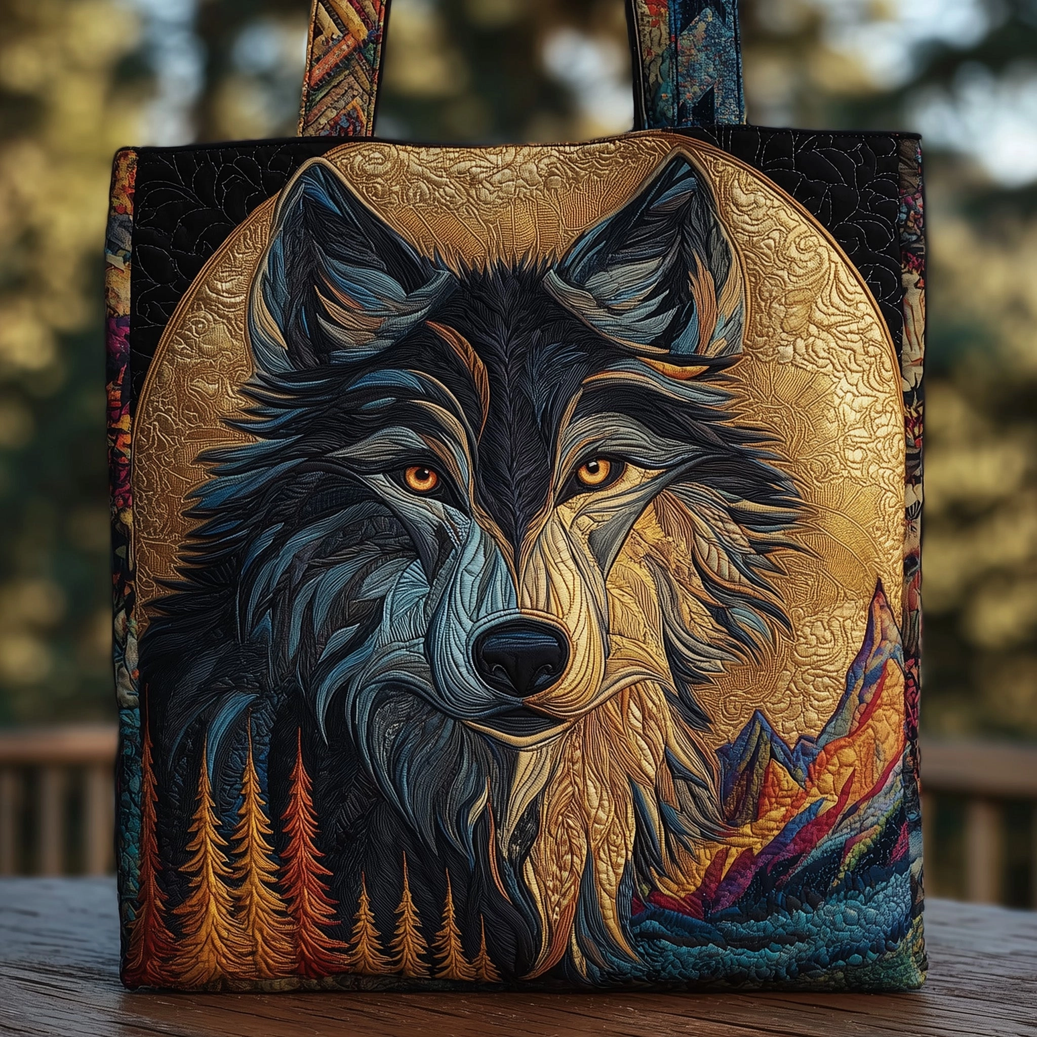 Golden Moon Wolf Quilted Tote 🌕🐺：