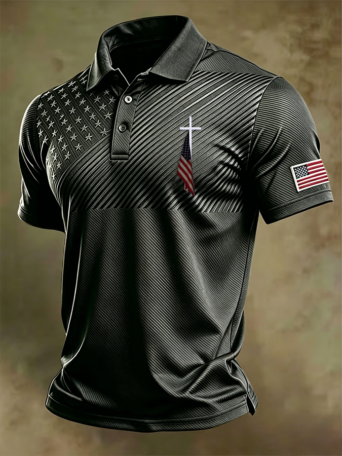 Men'S Retro National Flag And Cross  Print Casual Polo Shirt