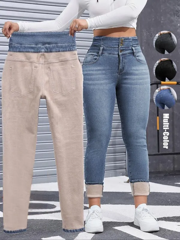 Women's High Elasticity Fleece Lined Thick Denim Jeans