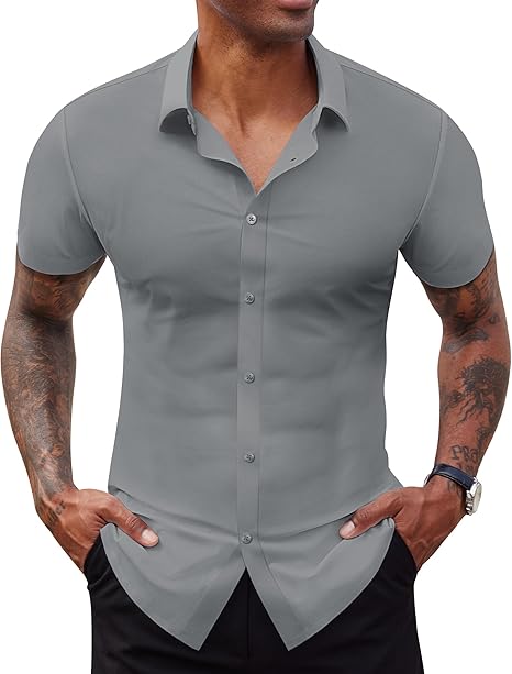 Stretch Dress Shirts for Men Short Sleeve Slim Fit