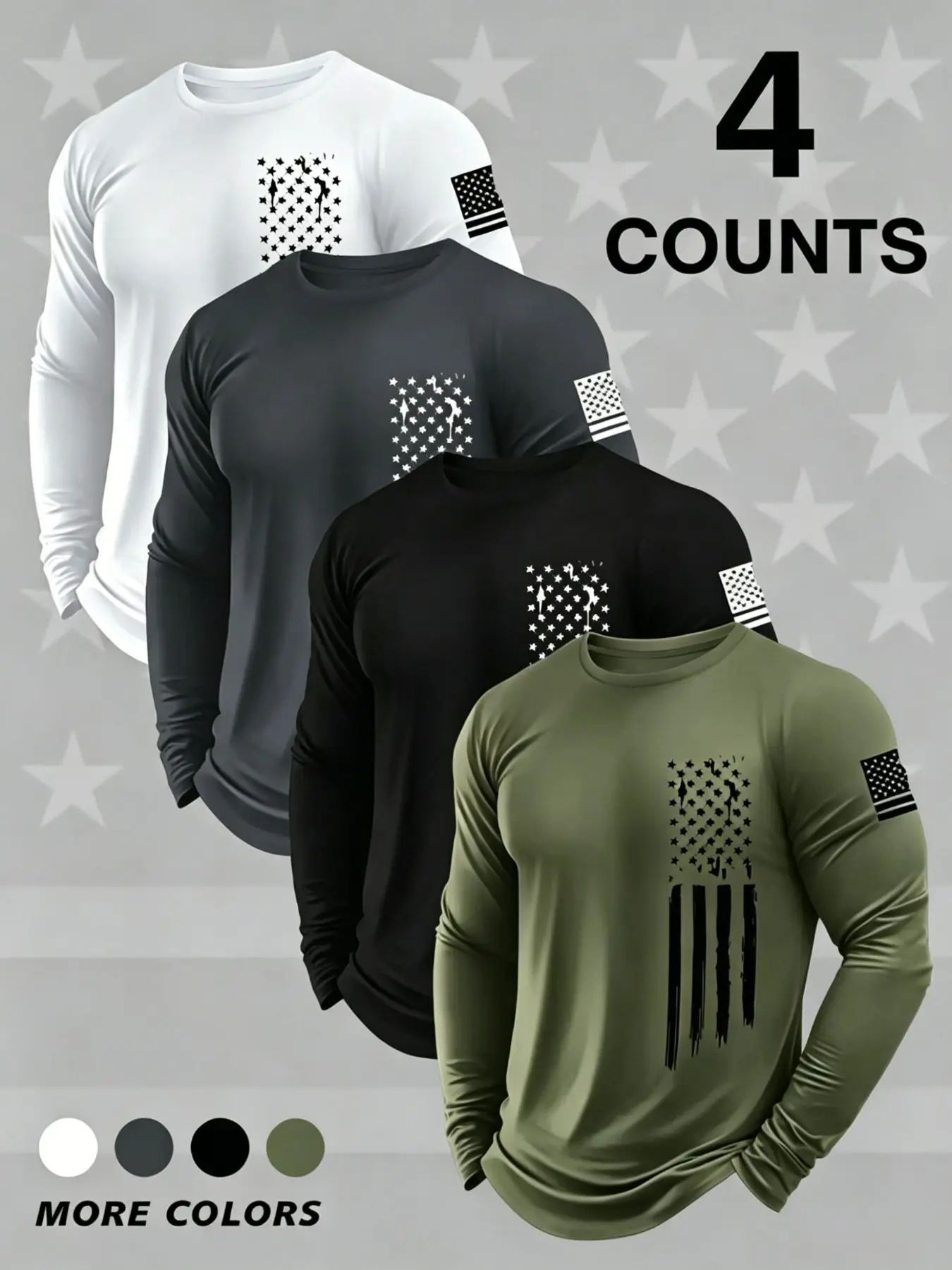 Men's Round Neck Long Sleeve T-Shirts, Casual Knitwear Top, Slight Stretch, Flag Print, Quick Dry, Gym, Running, Outdoor Activities