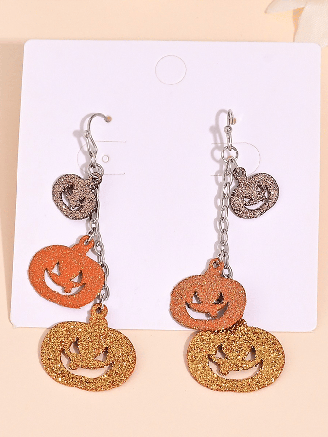 Halloween Cartoon Funny Glitter Pumpkin Chain Splicing Tassel Earrings