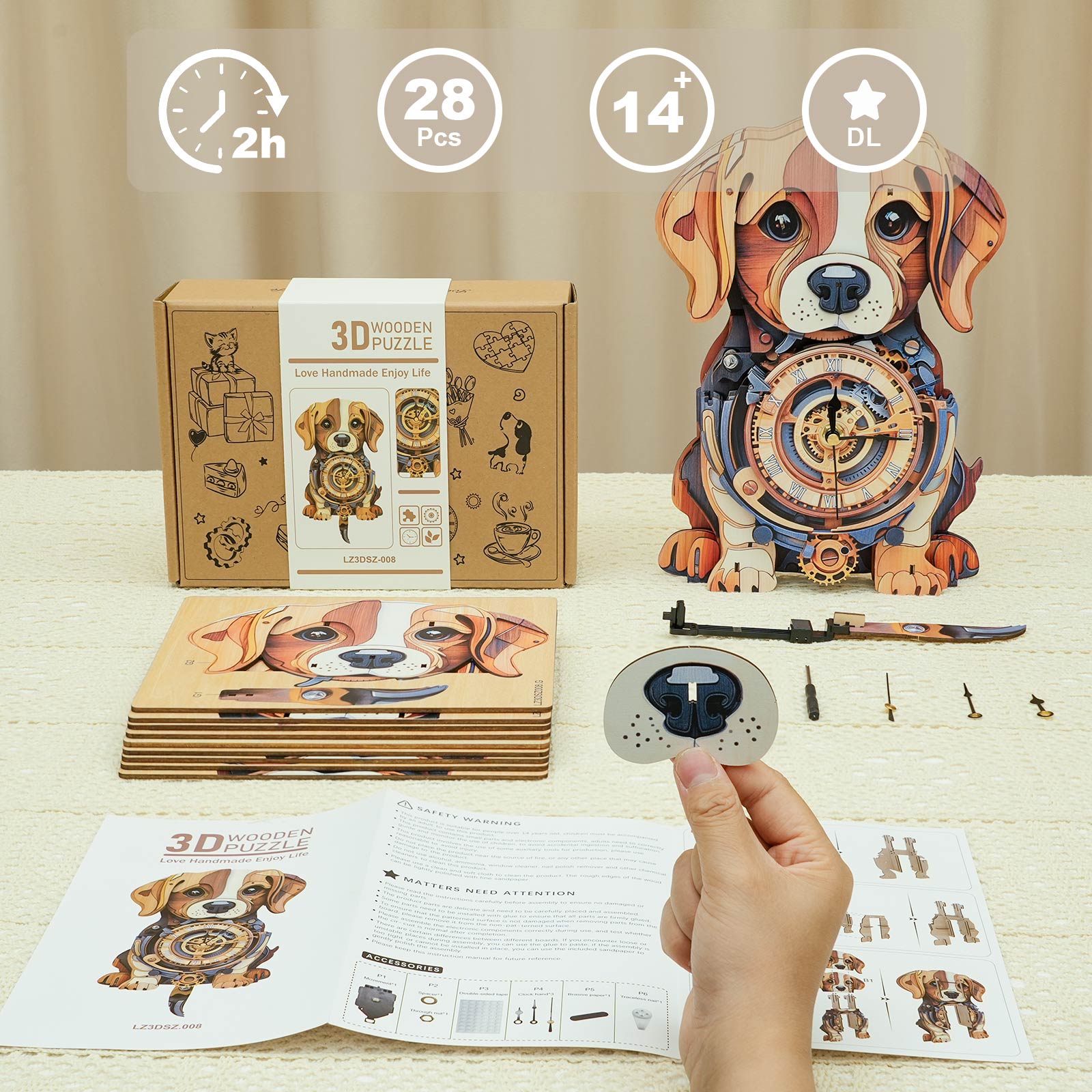 Cute Beagle DIY Wooden Clock , 3D Puzzle Craft Kit