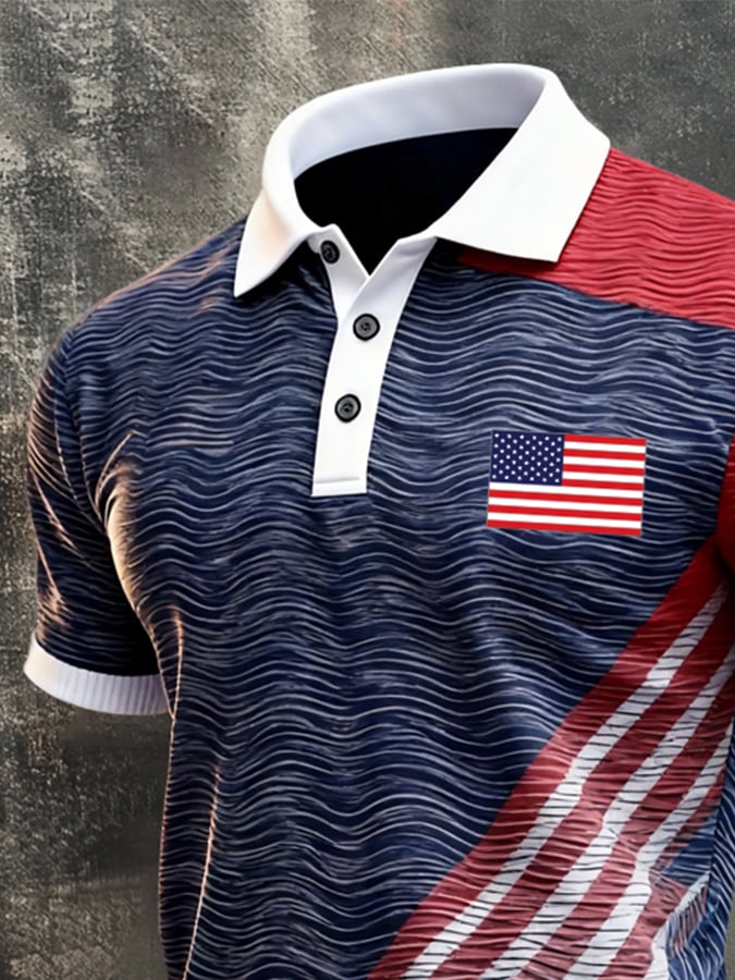 Men's Retro Patriotic Color-Block Short-Sleeve Polo Shirt