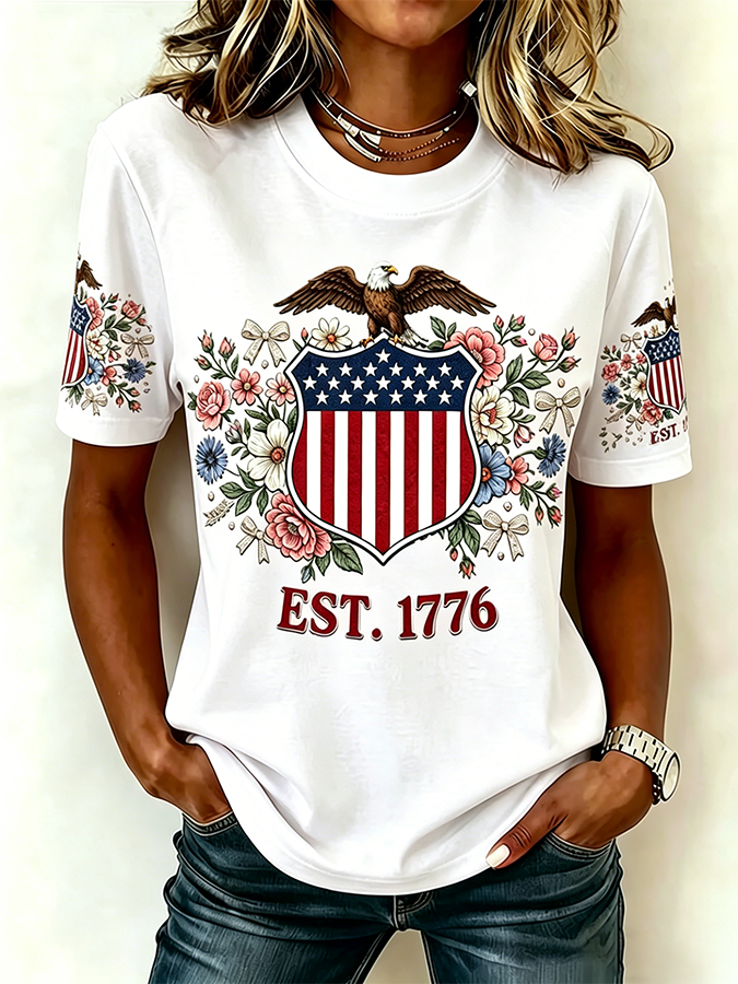 Ladies' Casual 250Th Anniversary Celebration Of The Founding Of The United States, Personalized Floral Print Round Neck T-Shirt