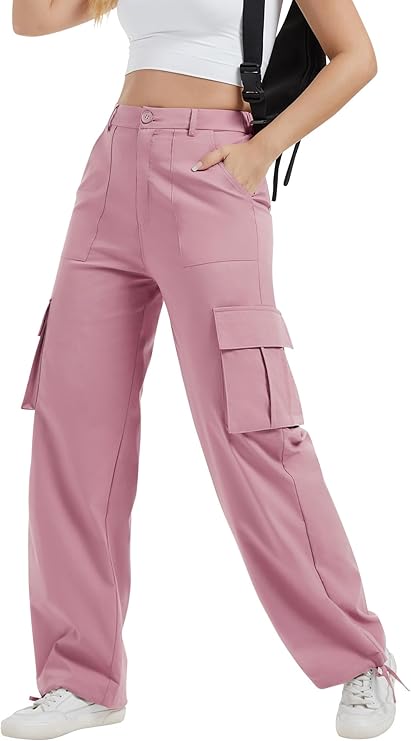 Women's Stretchy High-Waisted Cargo Pants – Lightweight Linen Streetwear with Adjustable Cuffs & Multiple Pockets