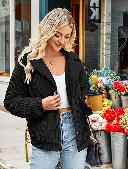 Women's Bomber Jacket Corduroy Ribbed Quilted Zip Up Long Sleeve Winter Coat Fall Outerwear Tops with Pockets