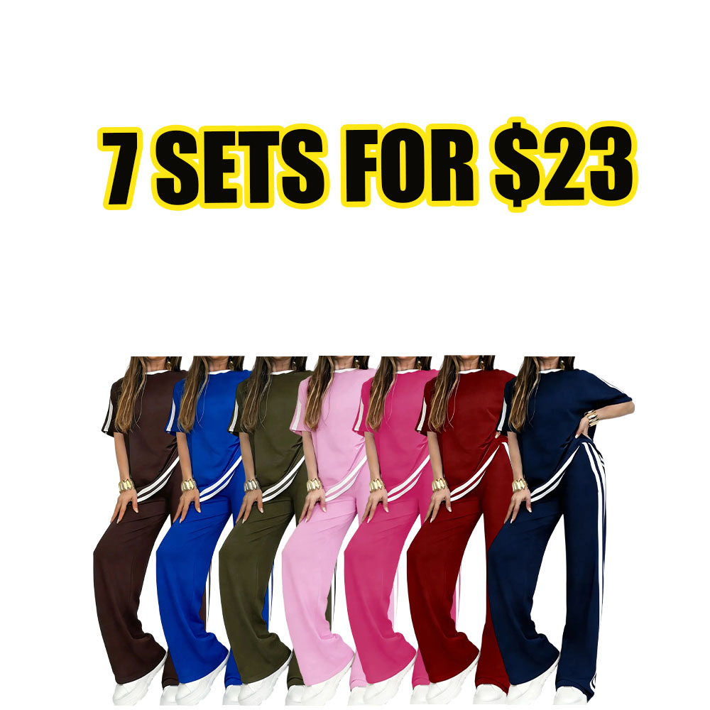 Women’s Casual Sport Two-Piece Set – Short Sleeve Split Hem Top & Striped Wide Leg Pants Outfit-