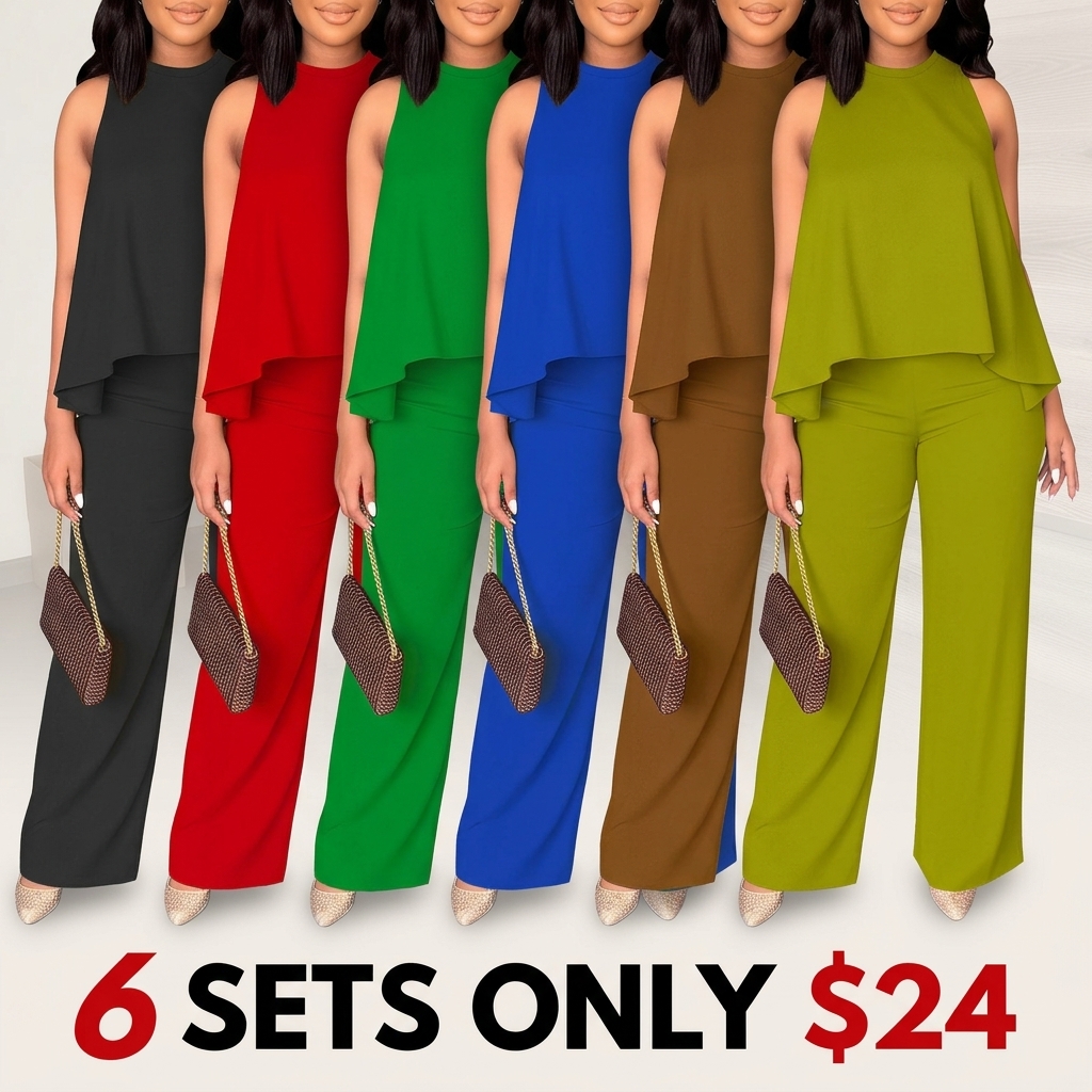 Women's Spring-Summer Set:Lightweight Flowy Halter Two-Piece with High-Waisted Wide Leg Pants–Comfortable