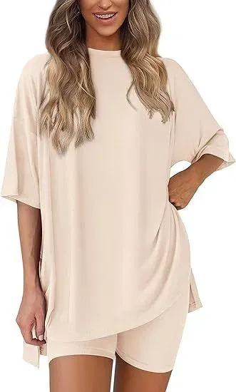 🔥Women's Two Piece Lounge Set 2026 Summer Casual Oversized Shirts Biker Shorts Matching Airport Travel Outfit