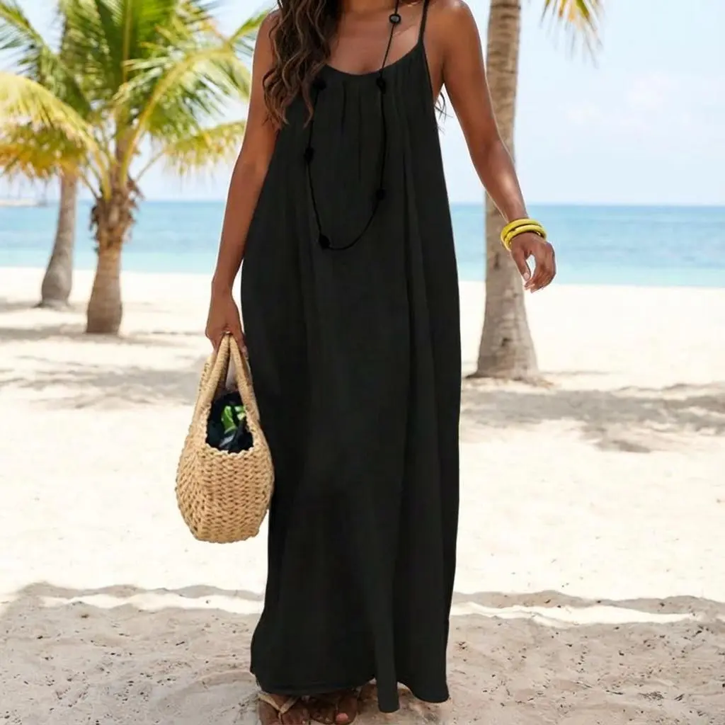 Women's Solid Color Cami Lounge Dress, Elegant Sleeveless Long Dress for Summer, Ladies Sleepwear for Indoor Wear
