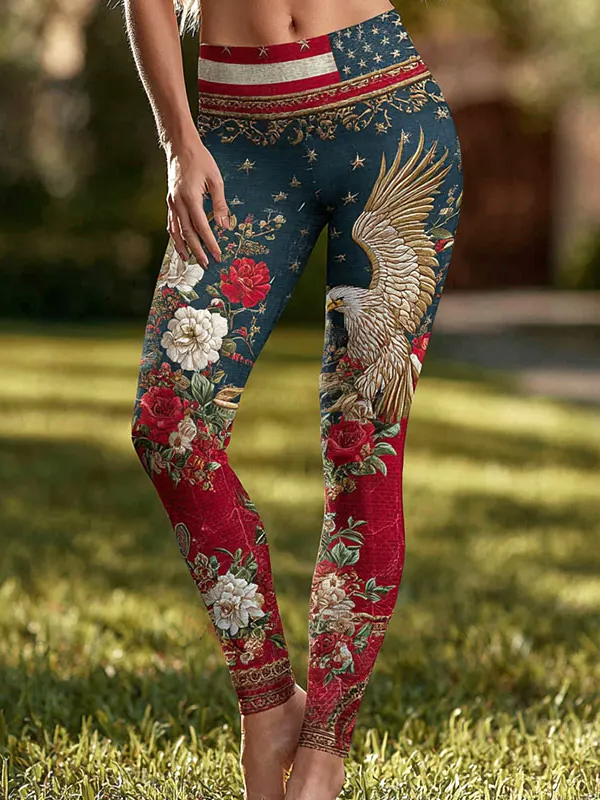 Women's American Flag Eagle And Floral Print Casual Leggings