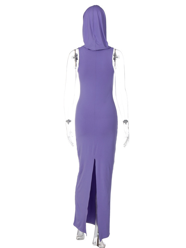 Hooded Solid Color Split-Back Bodycon High Waisted Maxi Dresses