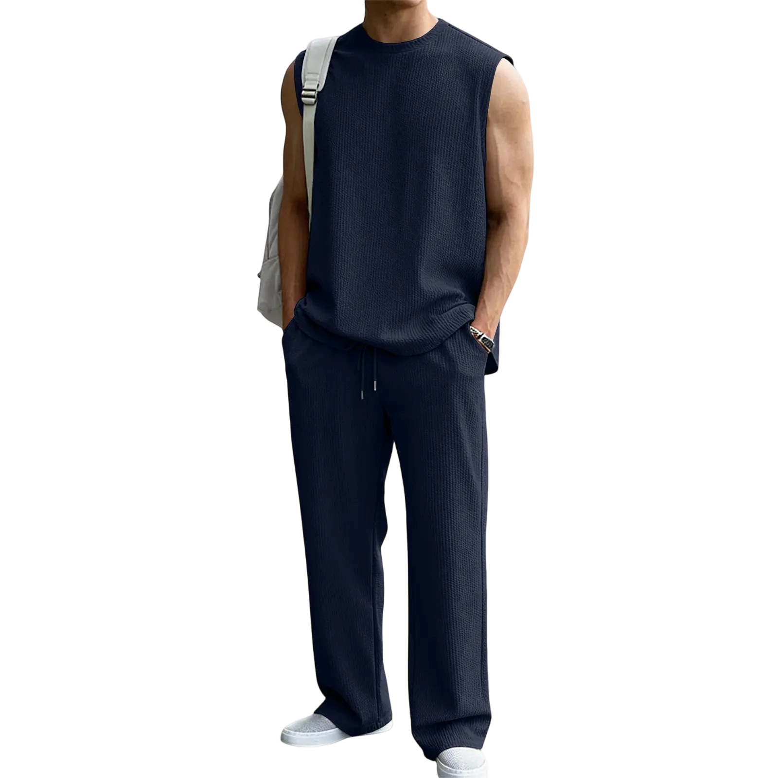 Men's 2 Piece Rib Knit Sweatsuit Sleeveless Tank Top & Baggy Wide Leg Pants