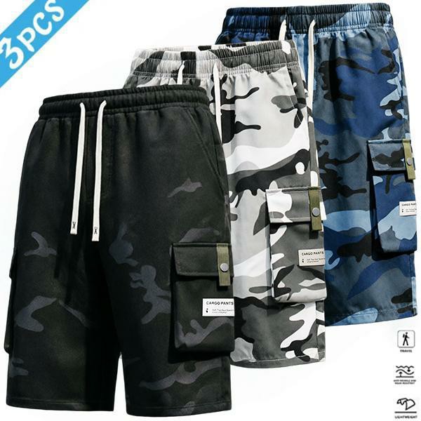 Men's 4-Piece Camo Cargo Capri Pants – Multi-Pocket, Drawstring Waist, Casual Streetwear