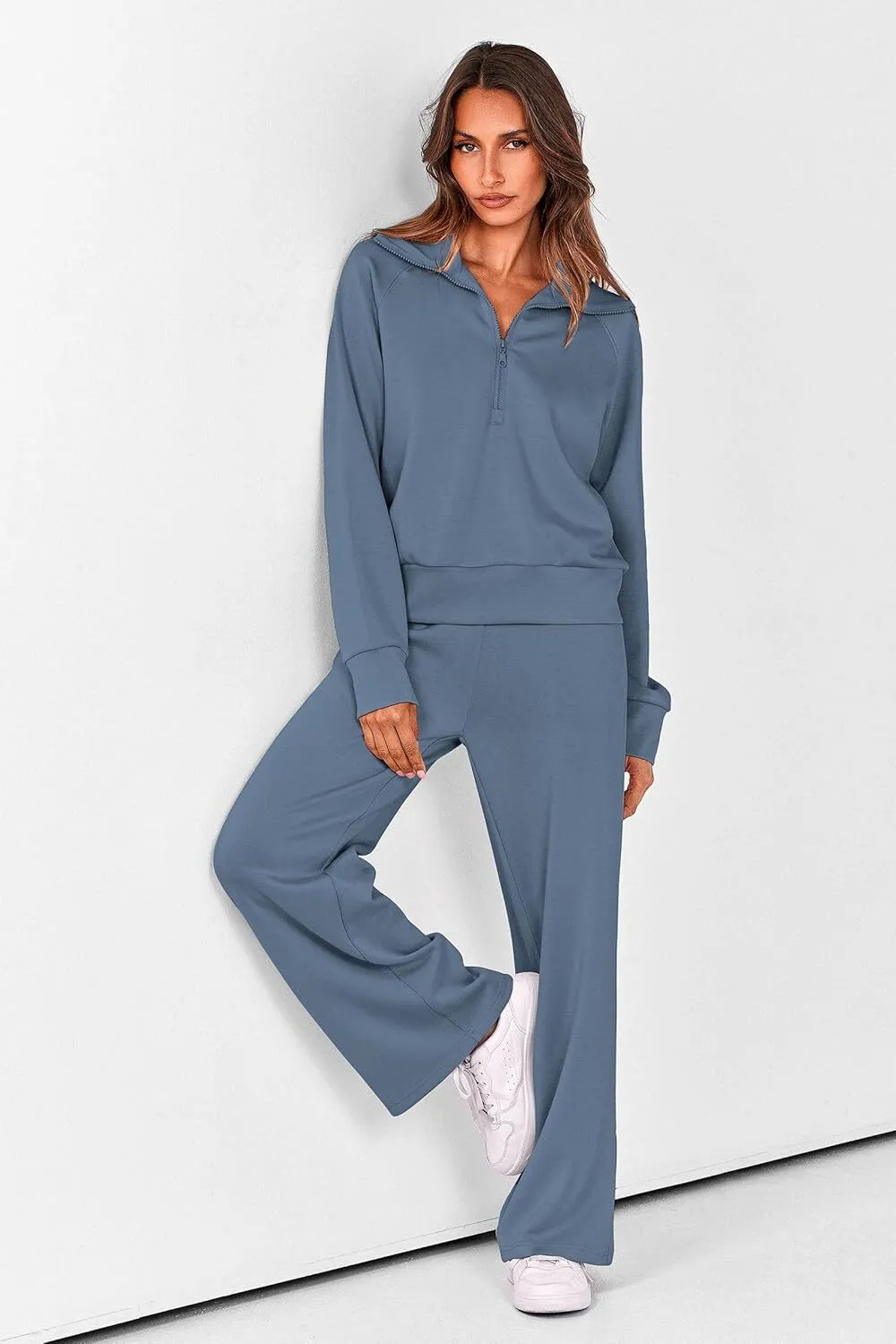 🔥Final Day Clearance!🛒Women's 2 Piece Outfits Casual Lapel Half Zip Sweatshirts And Wide Leg Pants Tracksuit Sets🔥8-PACK ONLY $28🔥