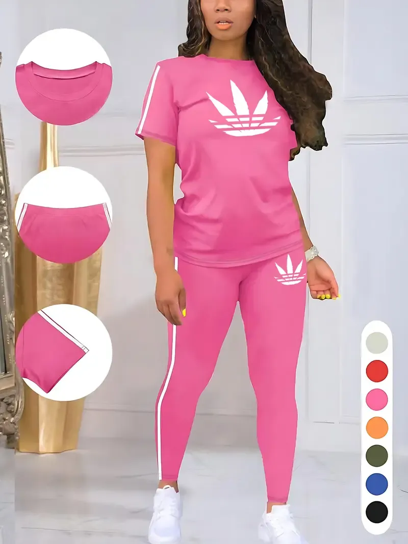 Women's Drawstring Short Sleeve and Long Pants Two-Piece Set