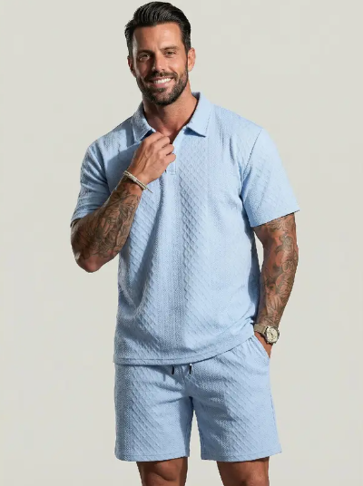 Men's Solid Polo Shirt & Drawstring Waist Shorts Set Cozy Breathable Two-piece