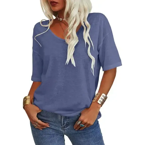 Women Soft V Neck Tshirt Half Sleeve Lightweight Solid Color Loose Fit Minimalist Top