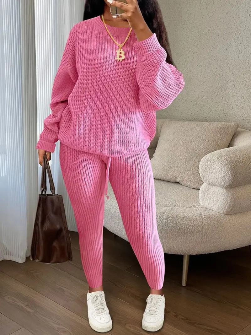 🔥Women's Solid Round Neck Drop Shoulder Sweater & Drawstring Waist Pants Knit Set, Casual Cozy Knitwear for Daily Outdoor Wear, Ladies Fall & Winter Outfits, Women's 2 Pcs Sweater Set