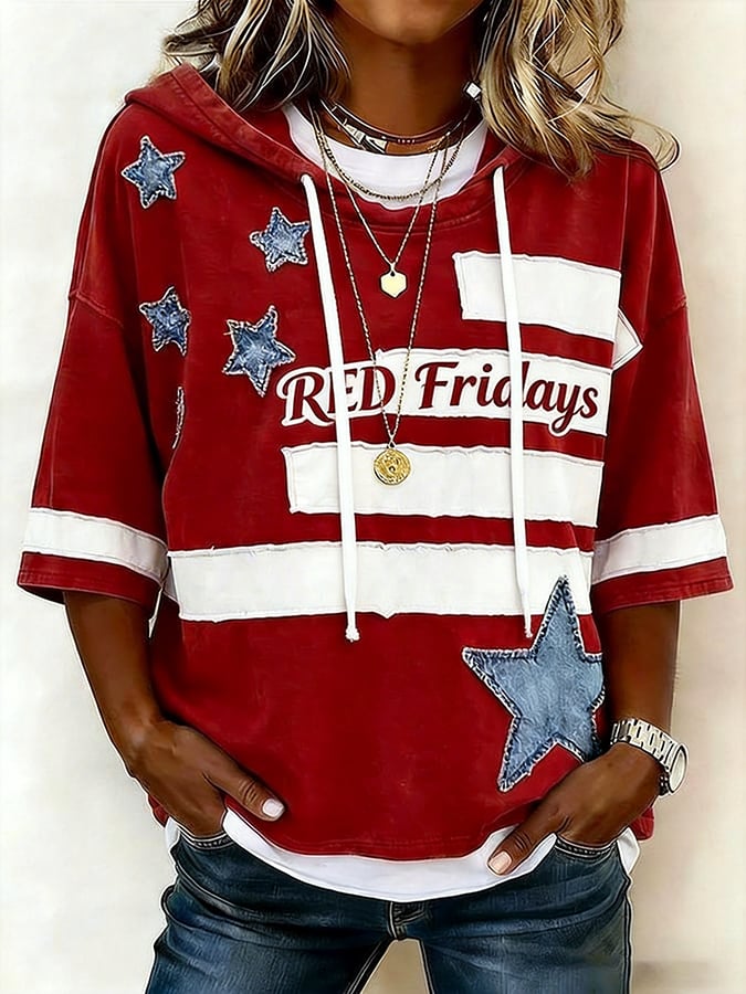 Women'S Red Friday Print Three-Quarter Sleeve Hooded T-Shirt With Patchwork Hem