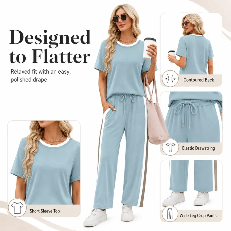 2 Piece Lounge Sets for Women Matching Set Summer Outfits Short Sleeve Tops Wide Leg Pants with Pockets