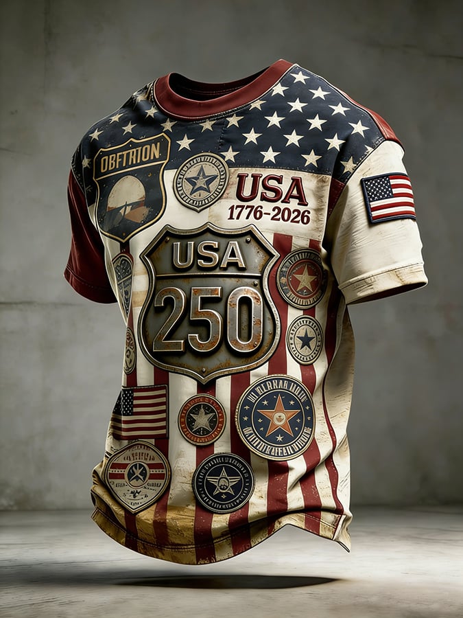 Men'S Casual Crew Neck Short-Sleeve T-Shirt With Usa 250th Anniversary Print