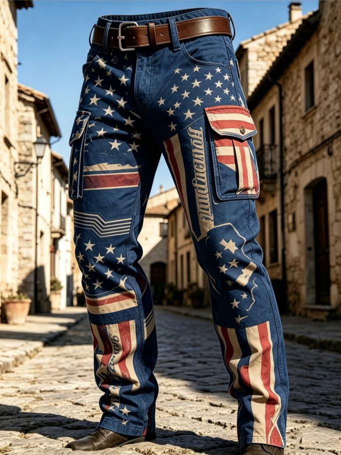 Men's Retro Stars and Stripes Independence Day Print Casual Cargo Pants