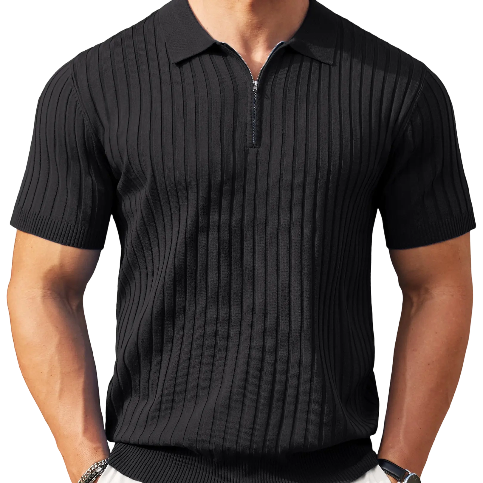 New York Fashion Week Men's Zipper Polo Shirts Short Sleeve Ribbed Knit Polo