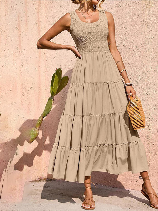 Spaghetti Strap Skirt Pleated Stitching A-Line Large Hem Dress