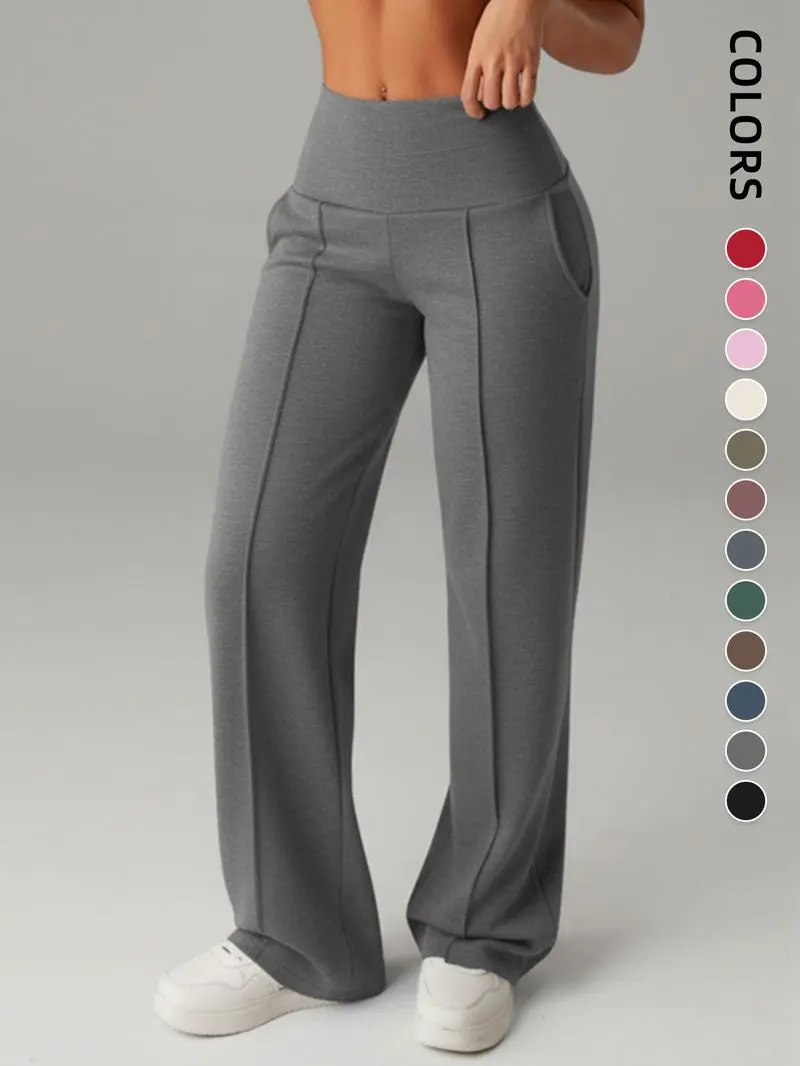 Women's Plain Loose Straight Leg Pants, Wide Leg High Waist Sporty Casual Sweatpants with Pockets