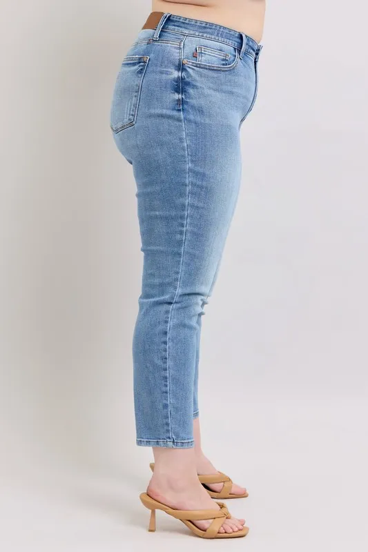 Blue Full Size Mid Rise Vintage Wash Slim Jeans with Cell Phone Pocket Plus Size