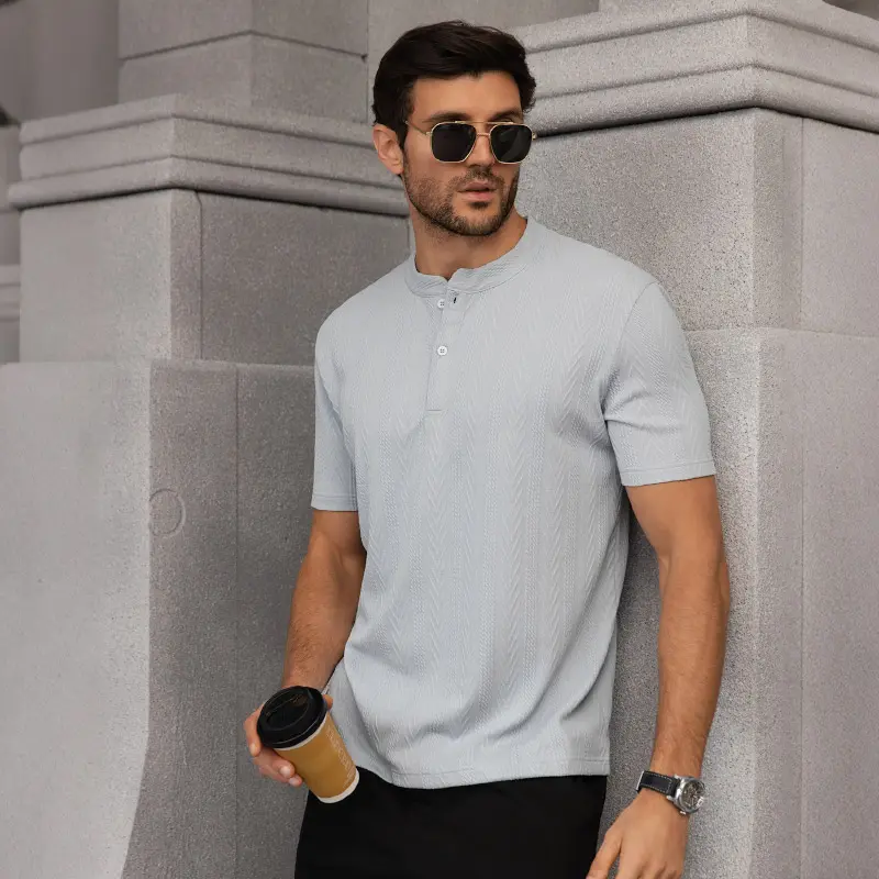 Men’s Textured Henley T-Shirt Short Sleeve Casual Top – Lightweight Breathable Summer Shirt