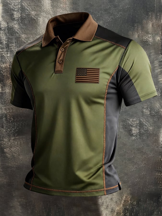 Men's Retro Patriot Color Block Polo Collar Short Sleeve