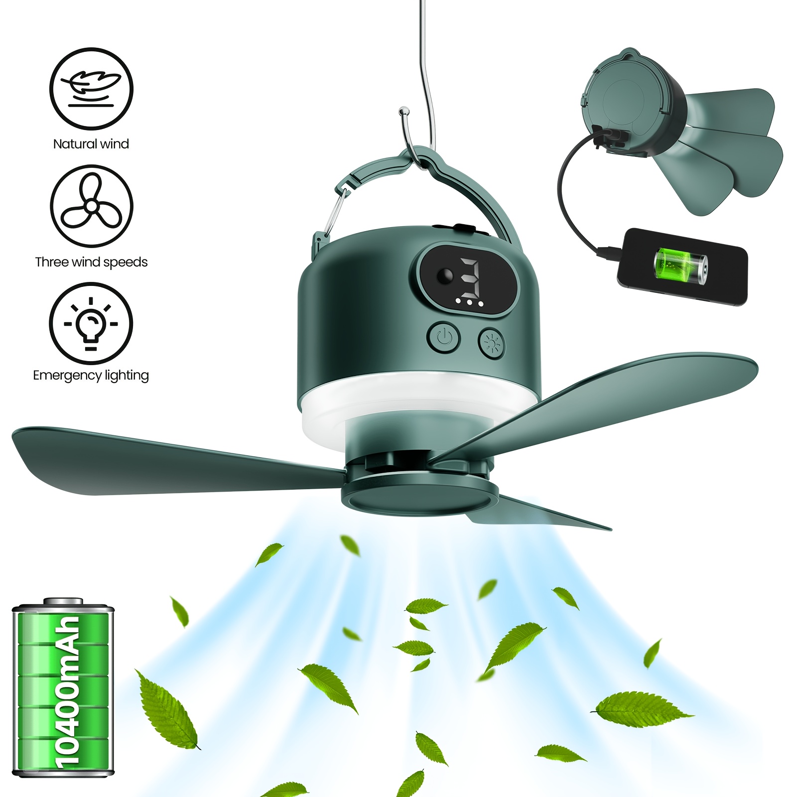 Portable Camping Ceiling Fan Camping Fan 10400mAh, USB Rechargeable Tent Fan, with Remote Control, LED Lights, Detachable Fan Blades
