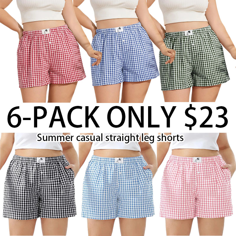 【Plus Size】Women's Plaid Print Patched Elastic Waist Shorts