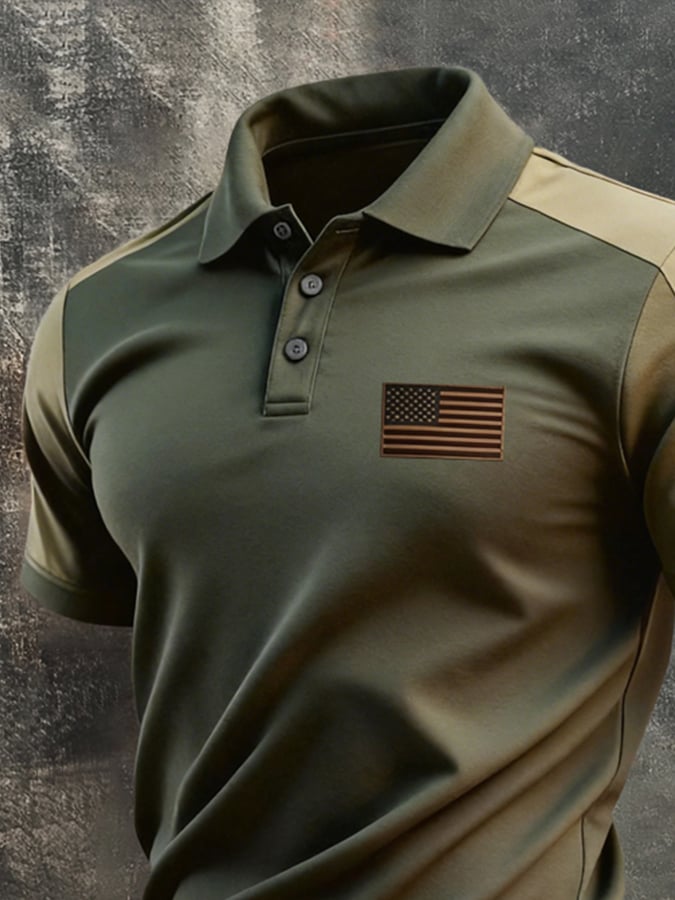 Men's Retro Patriotic Color-Block Short-Sleeve Polo Shirt