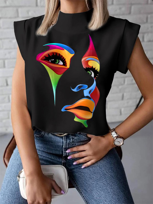 Cap Sleeve Loose Multi-Colored Printed High-Neck T-Shirts Tops