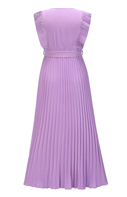 Beach Lotus Leaf Sleeve Chiffon Pleated Skirt Solid Color Dress
