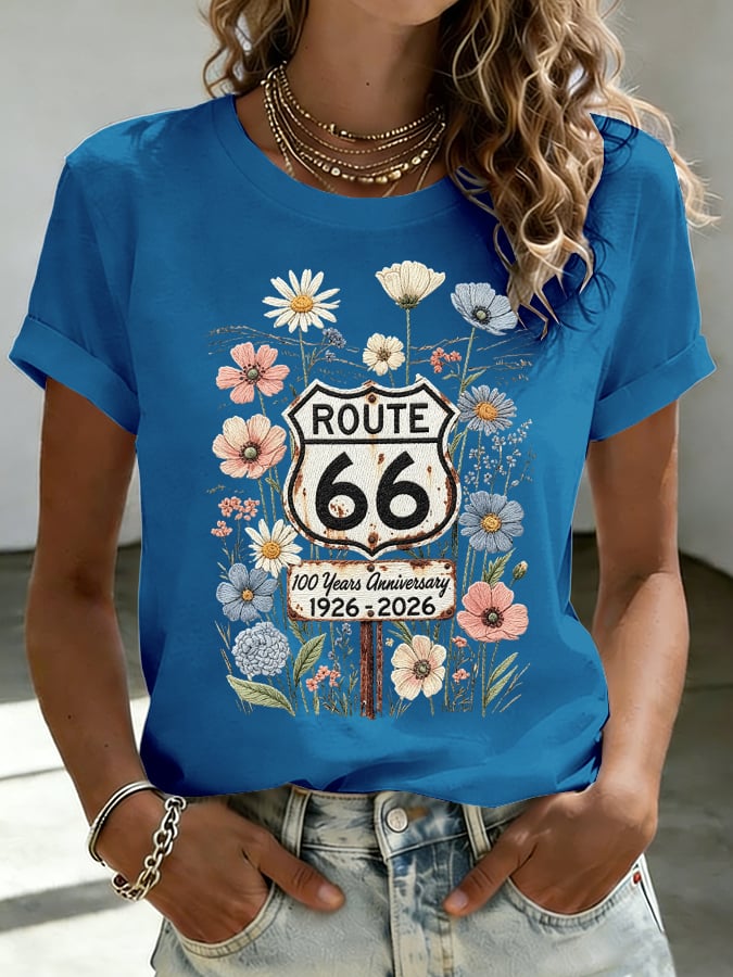 Women's Route 66 Centennial Floral Print Casual T-shirt