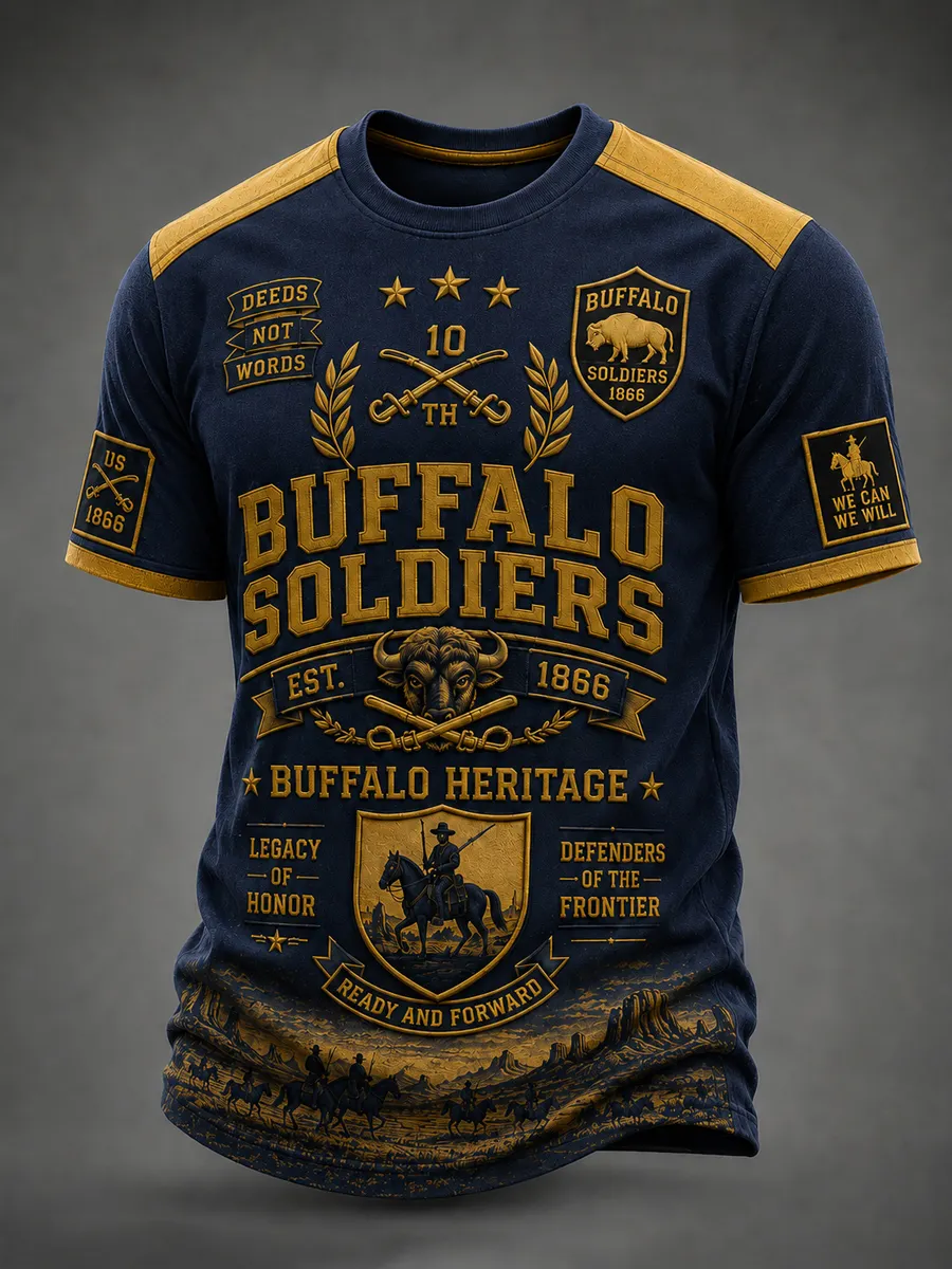 Men's Retro Buffalo Soldier Print  Casual T-Shirt