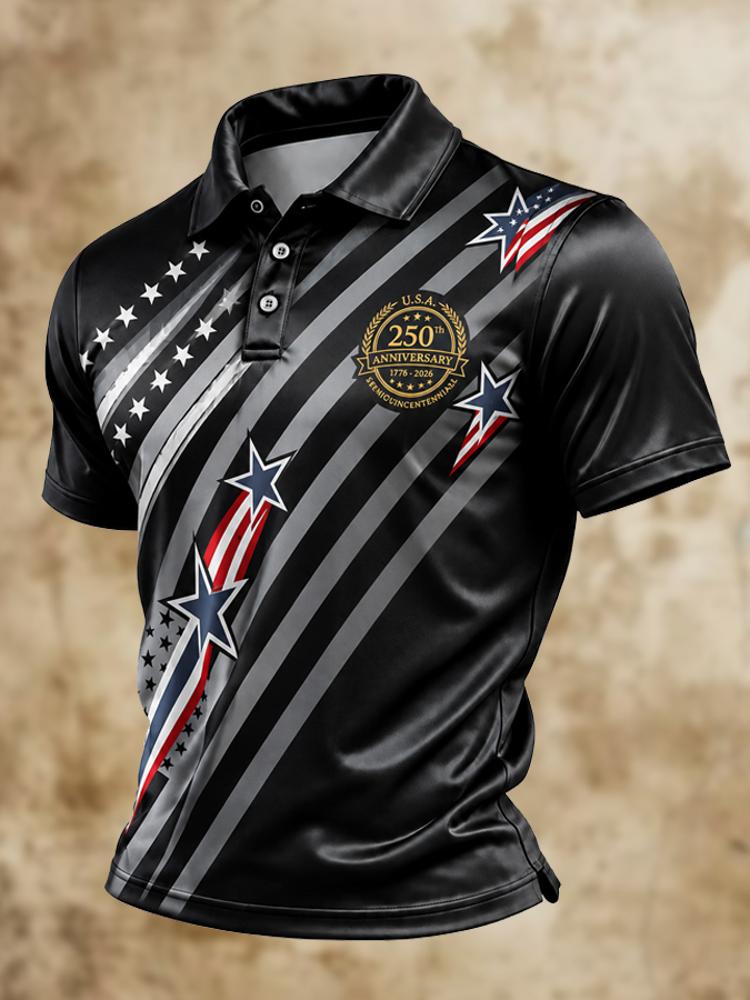 Men's Flag Star Gradient Print American Flag 250th Anniversary Polo Shirt