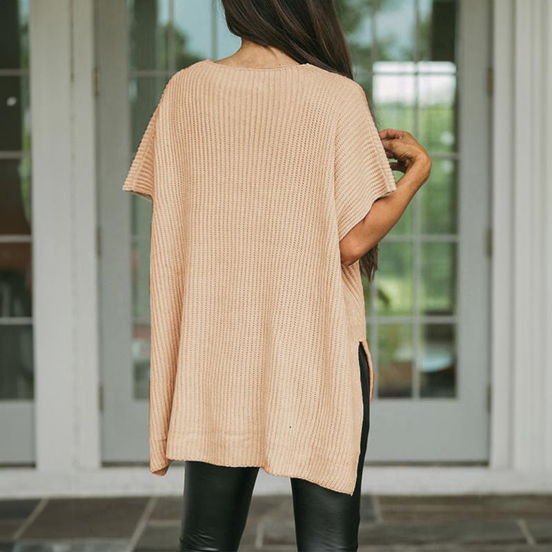 Women’s Oversized Ribbed Knit Top – Crew Neck Short Sleeve Pullover with Side Slit