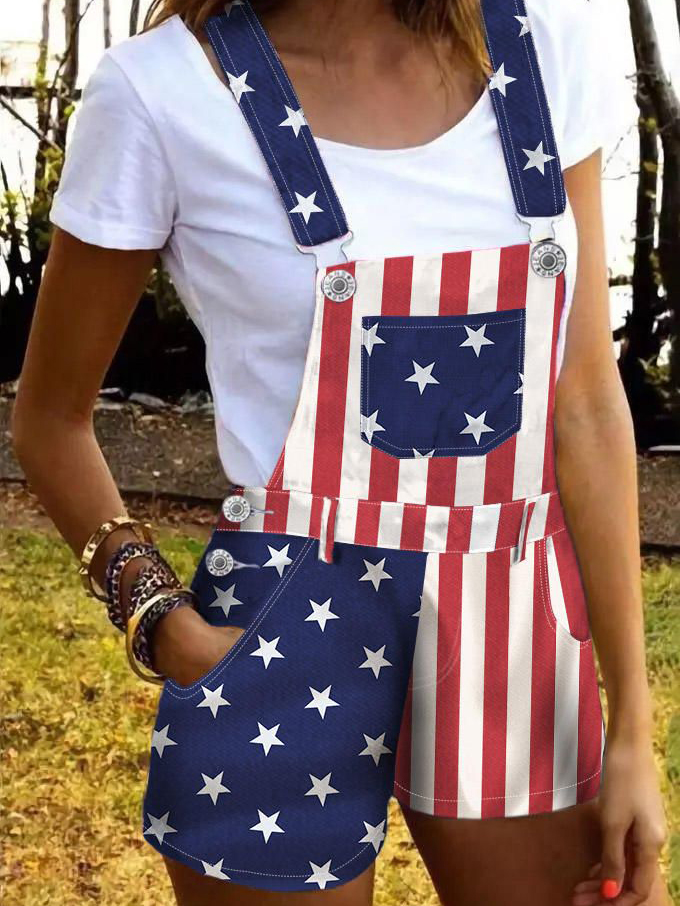 Women's Stars and Stripes Print Shorts Overalls