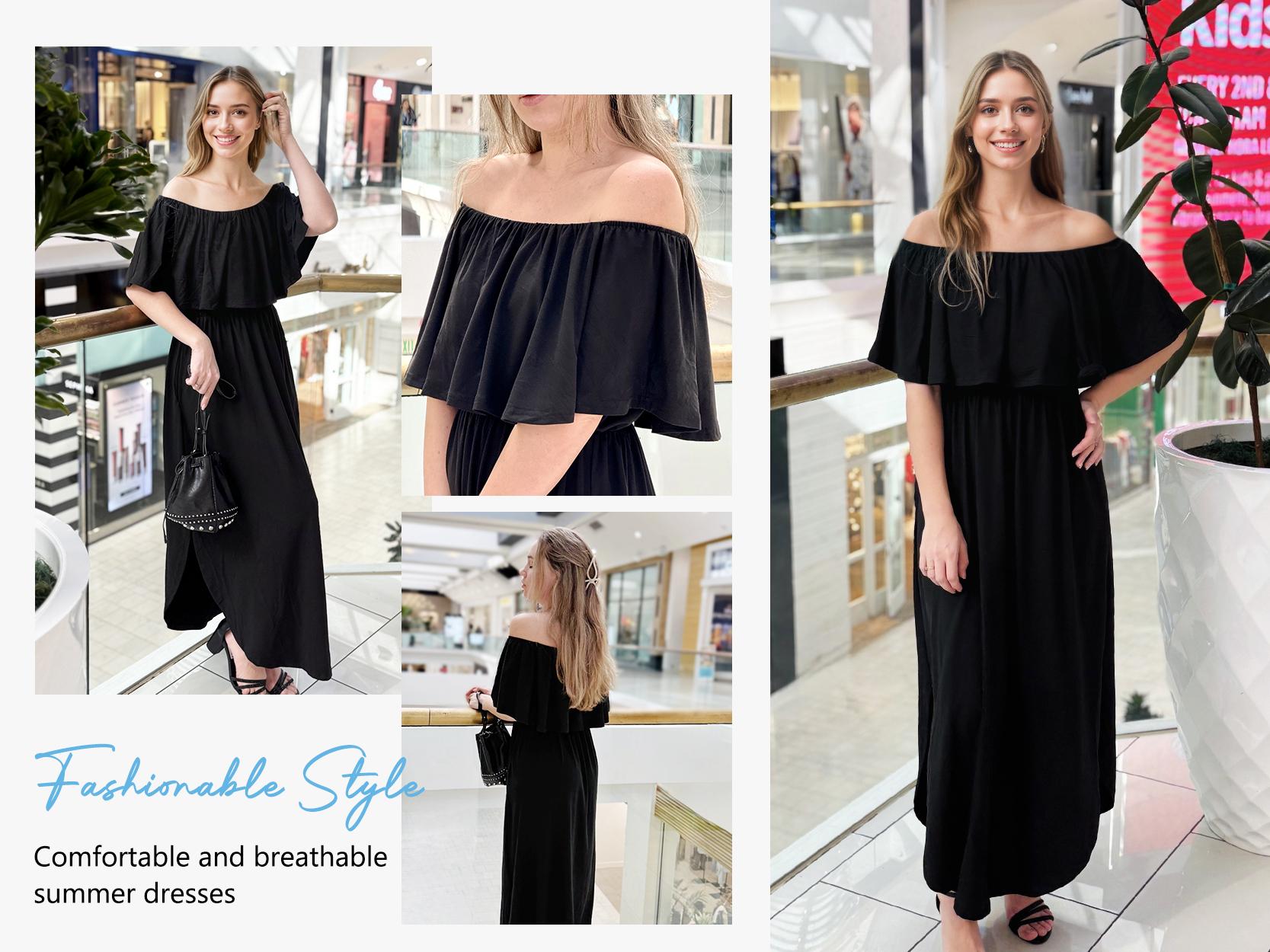 Womens Off The Shoulder Dress Wedding Guest Dress Summer Casual Long Ruffle Party Side Split Beach Maxi Dresses with Pockets