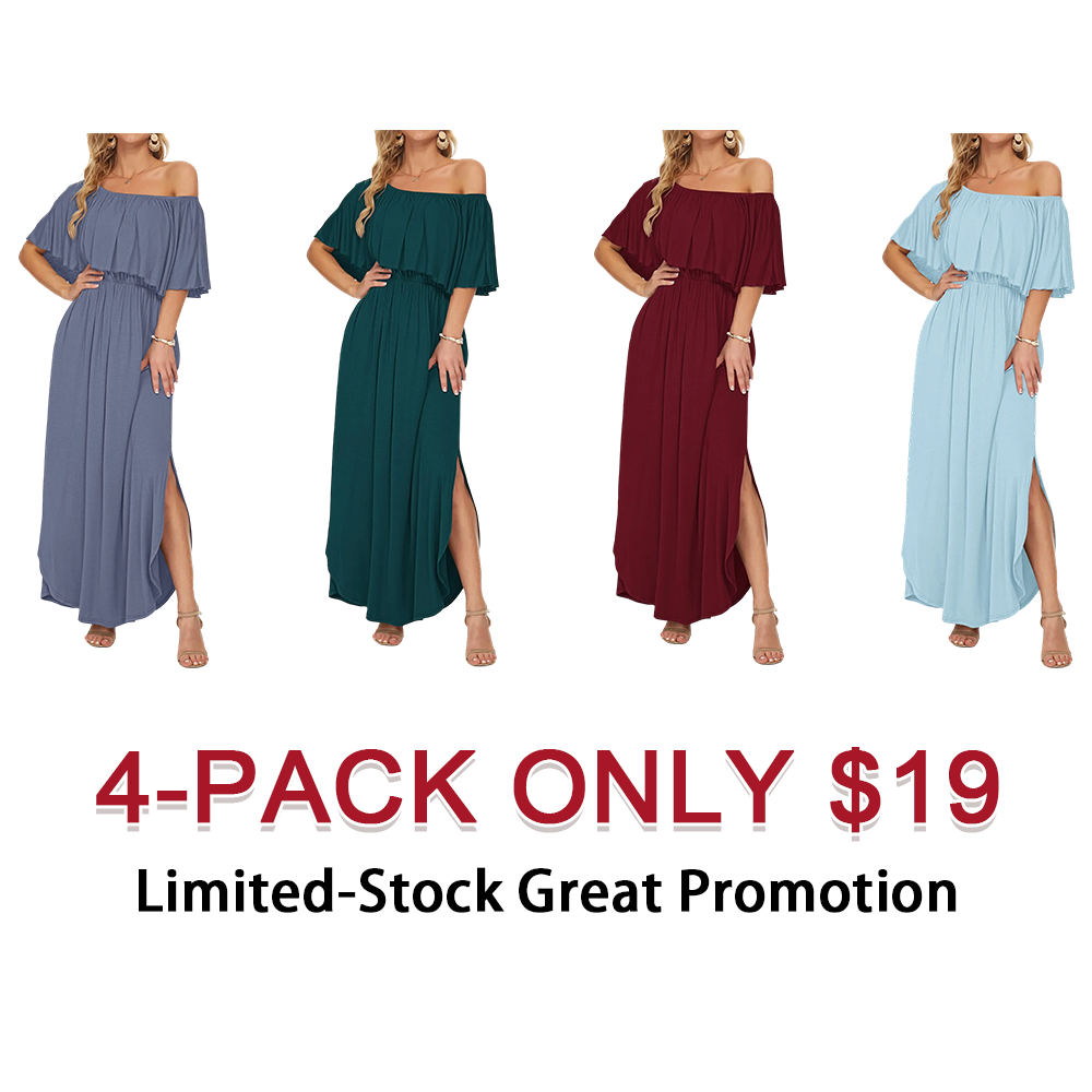 Womens Off The Shoulder Dress Wedding Guest Dress Summer Casual Long Ruffle Party Side Split Beach Maxi Dresses with Pockets