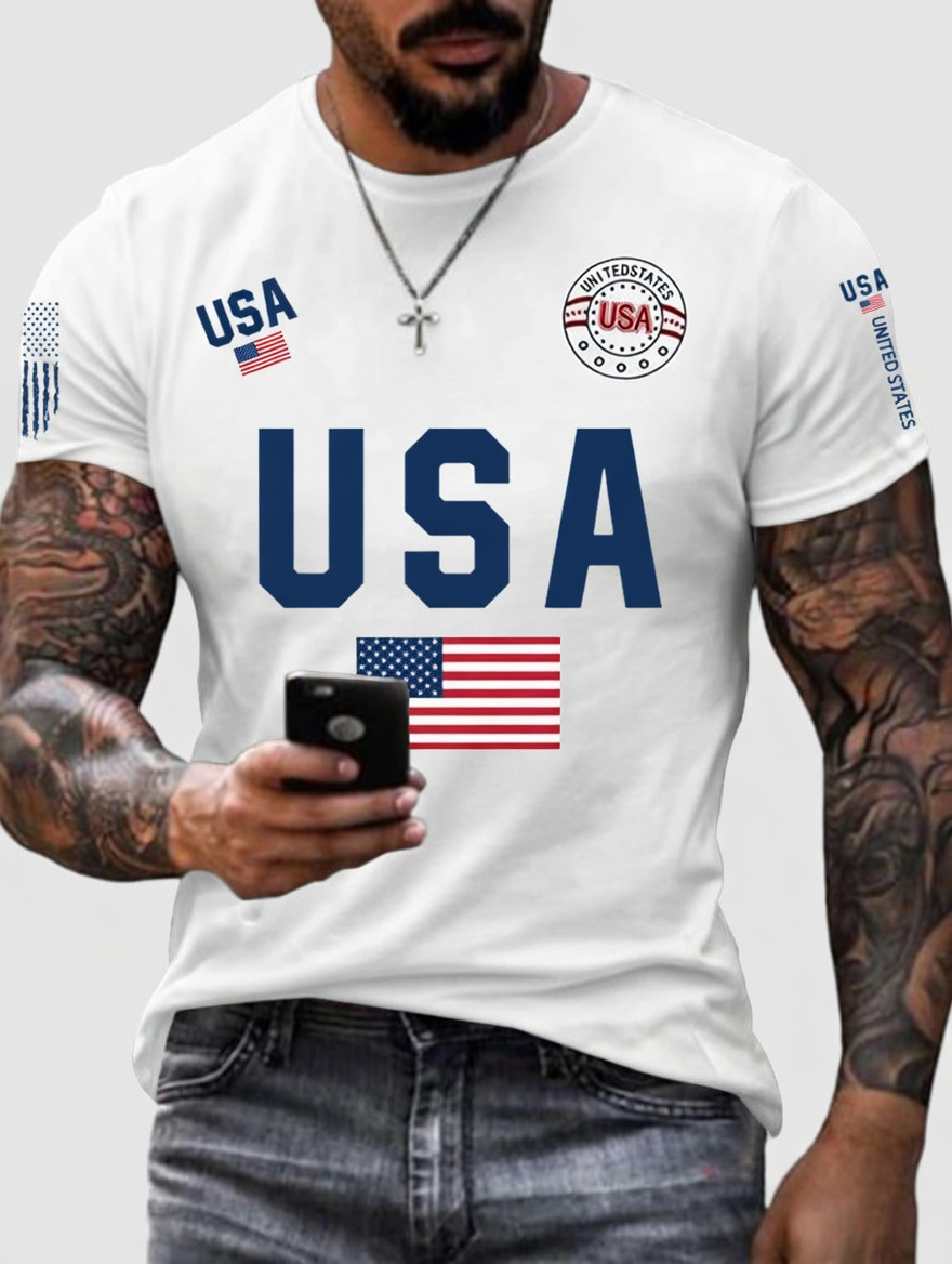 Men'S Classic Short Sleeved T-Shirt With American Flag Print
