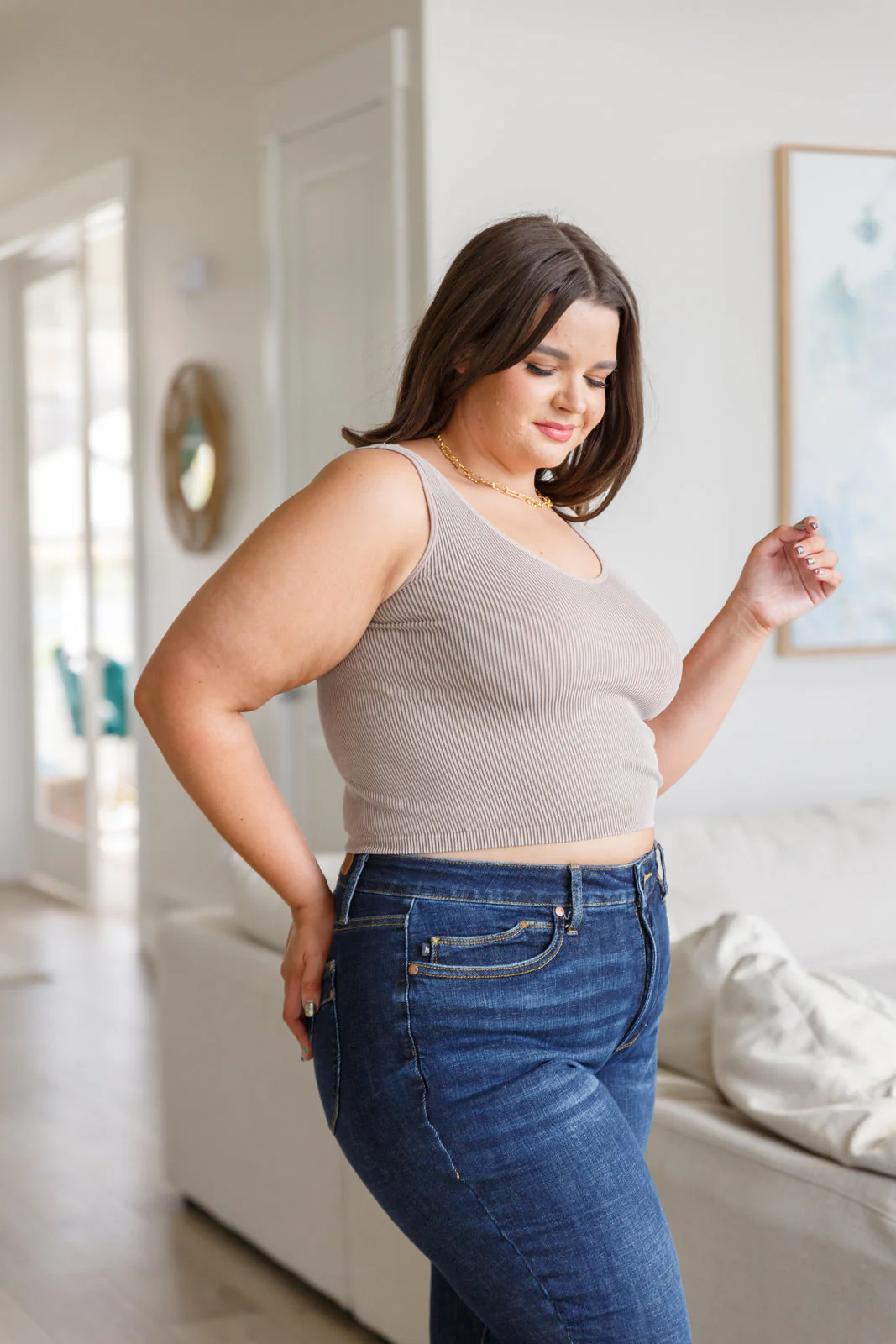 Ribbed Seamless Reversible Tank in Light Mocha