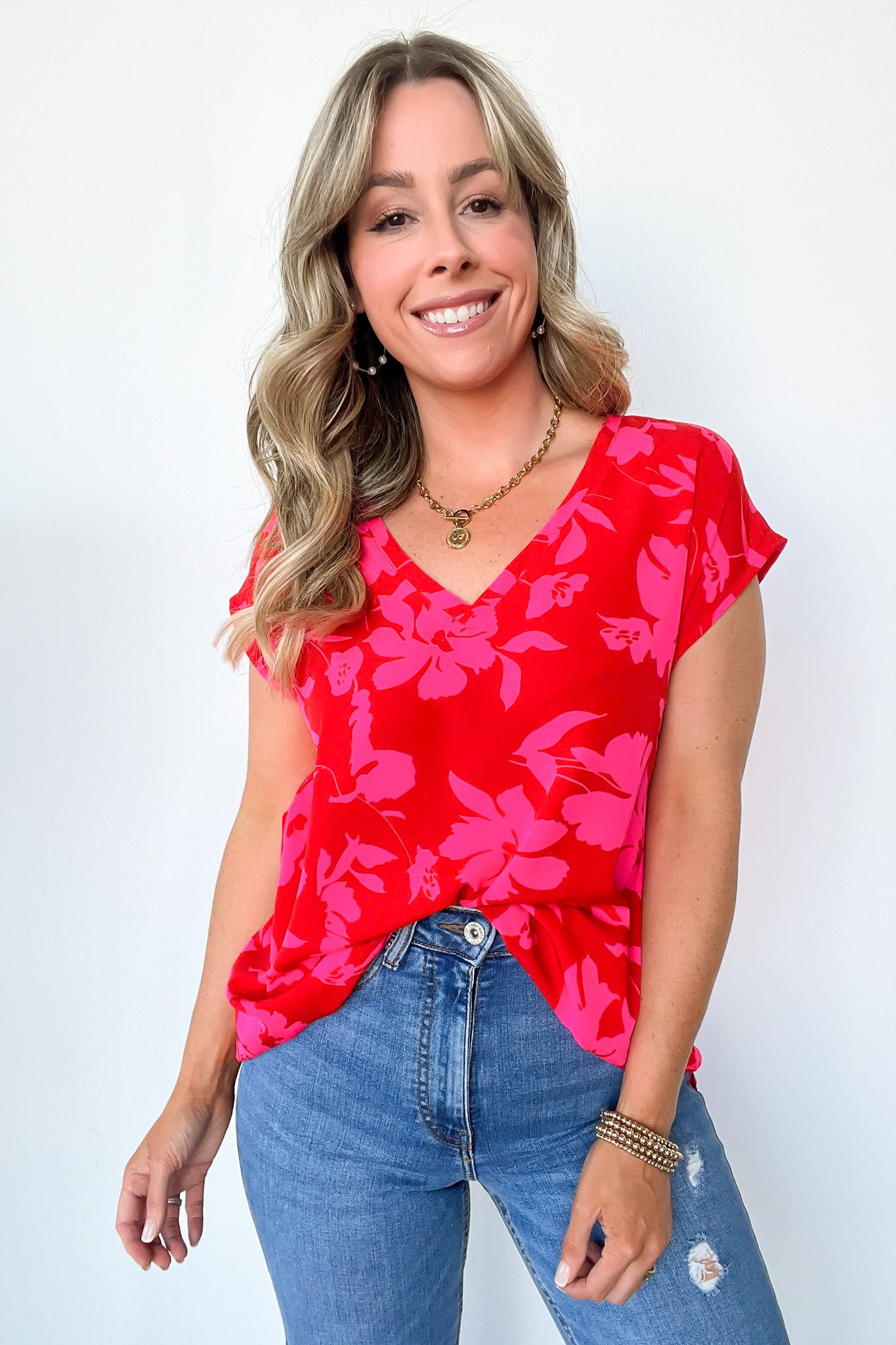 V-Neck Floral Cap Sleeve Top